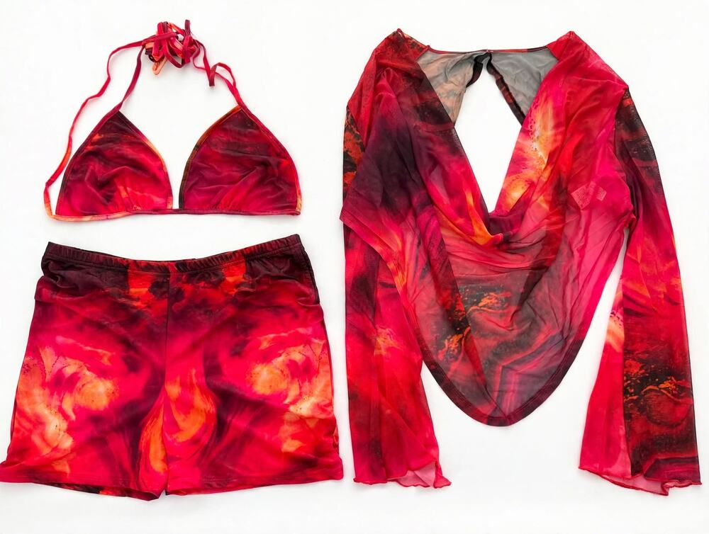 Shein Sunset Marble 3 Piece Bikini Set 2XL Triangle Top Mesh Shorts + Cover Up